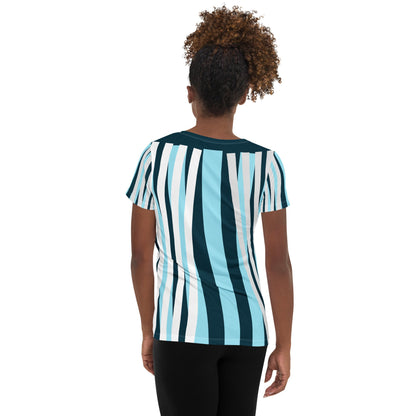 Good Wishes 365 women's athletic t-shirt with blue, white, and navy vertical stripes, back view on a model.