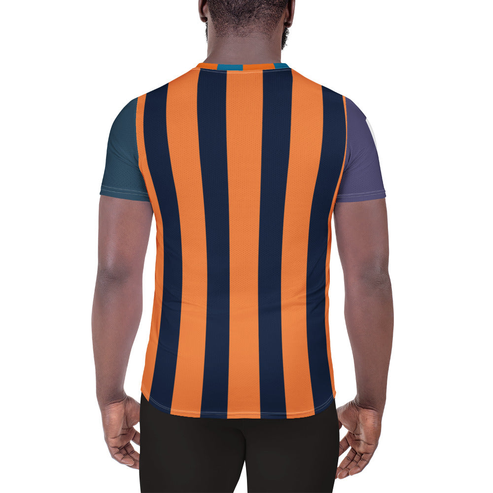Back view of a man wearing a Good Wishes 365 athletic t-shirt with vertical cerulean blue and mango orange stripes.
