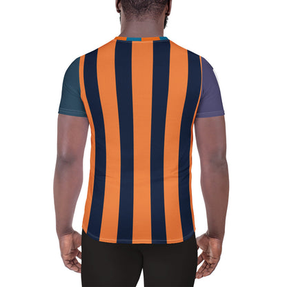 Back view of a man wearing a Good Wishes 365 athletic t-shirt with vertical cerulean blue and mango orange stripes.