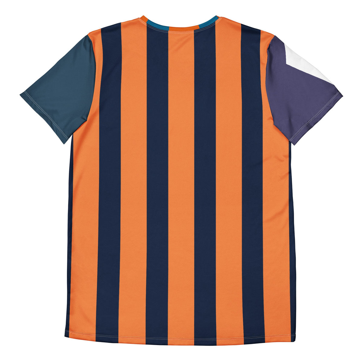 Good Wishes 365 men's athletic t-shirt with a vertical stripe pattern in cerulean blue and mango tango orange.
