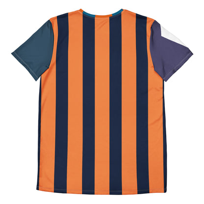 Good Wishes 365 men's athletic t-shirt with a vertical stripe pattern in cerulean blue and mango tango orange.