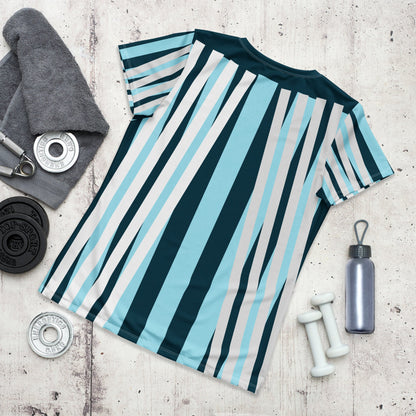 Good Wishes 365 women's athletic t-shirt with blue, white, and navy vertical stripes, laid flat with gym equipment.