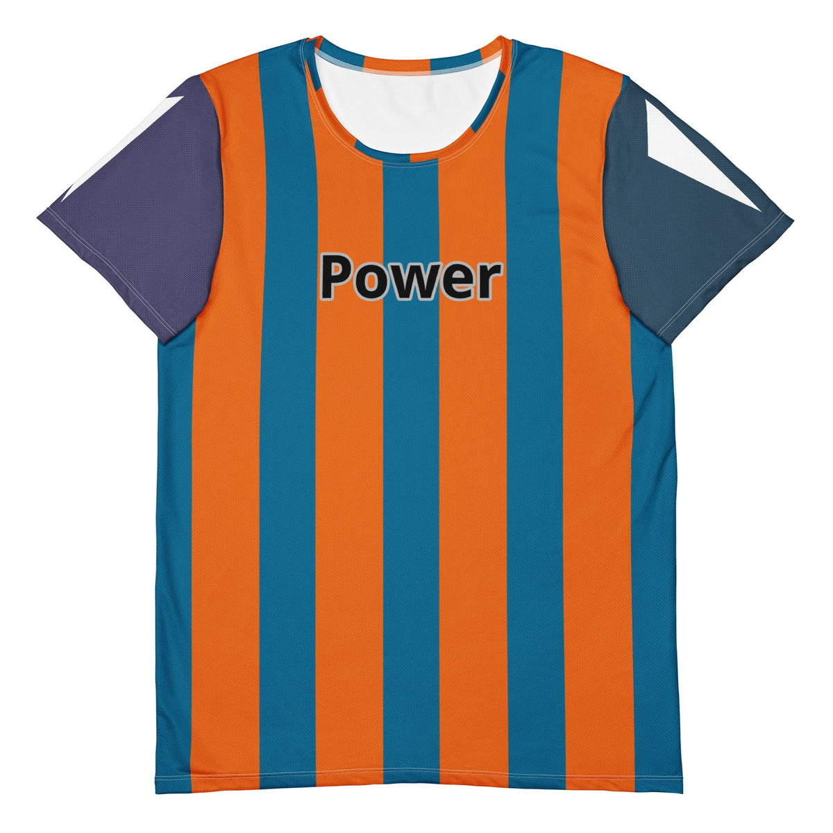 Good Wishes 365 men's athletic t-shirt with cerulean blue and mango orange vertical stripes and Power graphic print.