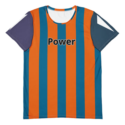 Good Wishes 365 men's athletic t-shirt with cerulean blue and mango orange vertical stripes and Power graphic print.
