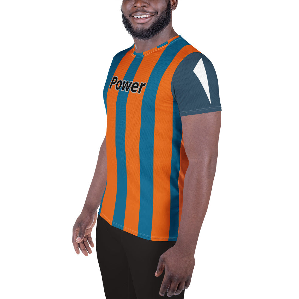 Good Wishes 365 men's athletic t-shirt with cerulean blue and mango orange vertical stripes and Power graphic