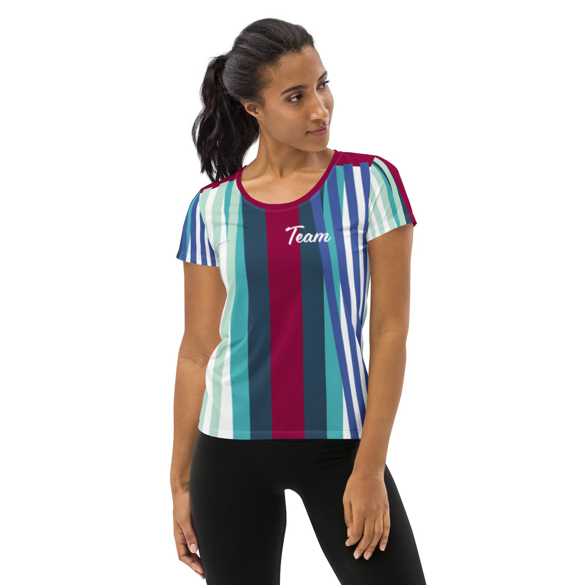 Good Wishes 365 women's athletic t-shirt with burgundy, blue, and teal vertical stripes and Team graphic