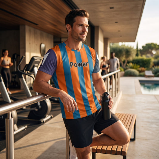 Good Wishes 365 men's athletic t-shirt with blue and orange vertical stripes and Power graphic, worn at a gym.