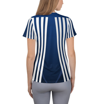 Good Wishes 365 women's athletic t-shirt in dark cerulean with white vertical stripes and chevron texture back view