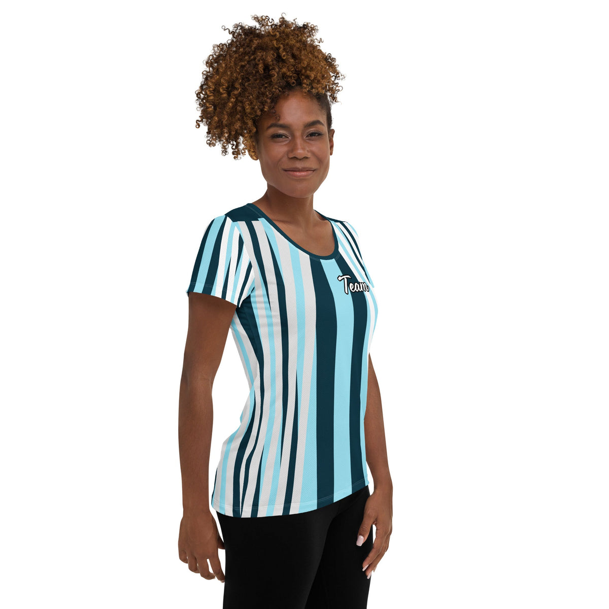 Good Wishes 365 women's athletic t-shirt with blue and white stripes and Team graphic worn by a smiling model