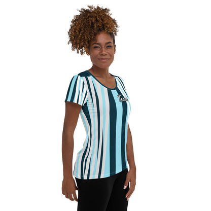 Good Wishes 365 women's athletic t-shirt with blue and white stripes and Team graphic worn by a smiling model