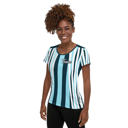 Good Wishes 365 women's athletic t-shirt with blue and white stripes and Team graphic, worn by a smiling model.