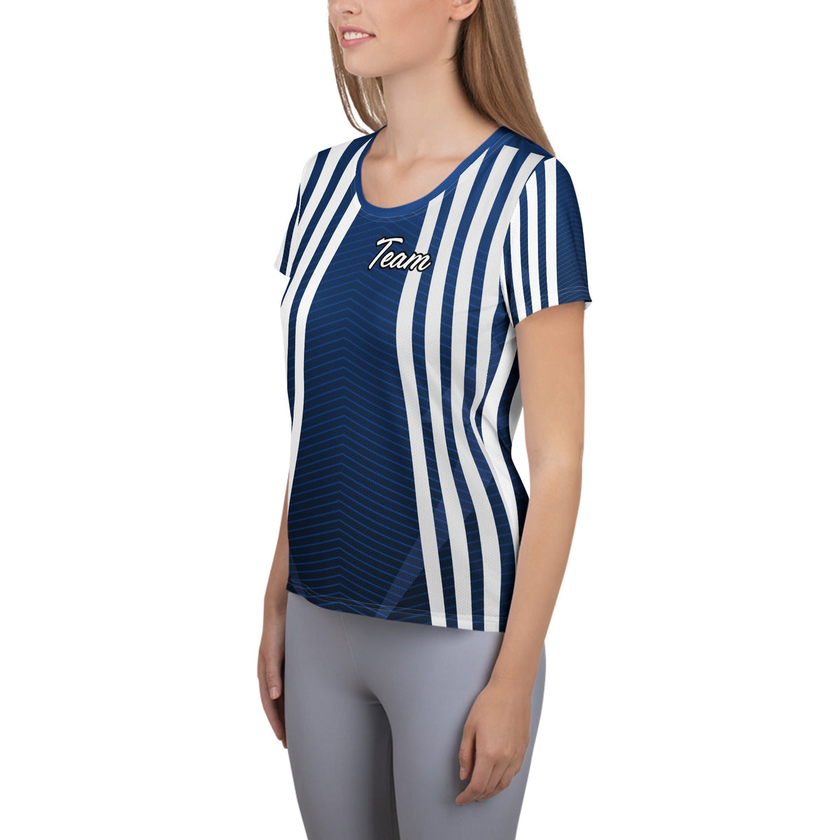 Good Wishes 365 women's dark cerulean athletic t-shirt with vertical stripes, chevron texture, and Team graphic