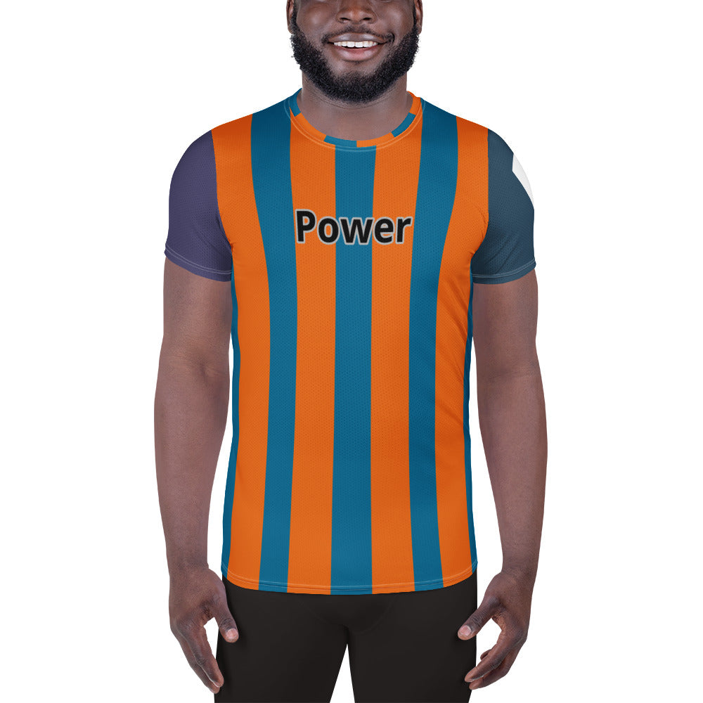 Good Wishes 365 men's athletic t-shirt with cerulean blue and mango orange vertical stripes and Power graphic print.