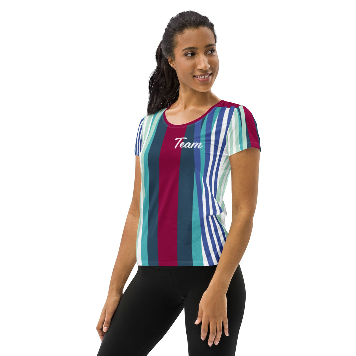Good Wishes 365 women's athletic t-shirt with burgundy, blue, and teal vertical stripes and Team graphic on model