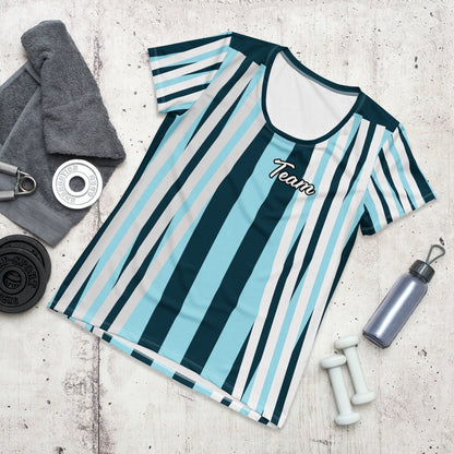 Good Wishes 365 women's athletic t-shirt with a blue, white, and navy striped pattern and Team graphic on concrete