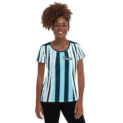 Good Wishes 365 women's athletic t-shirt with a blue and white striped print and Team graphic worn by a smiling model.