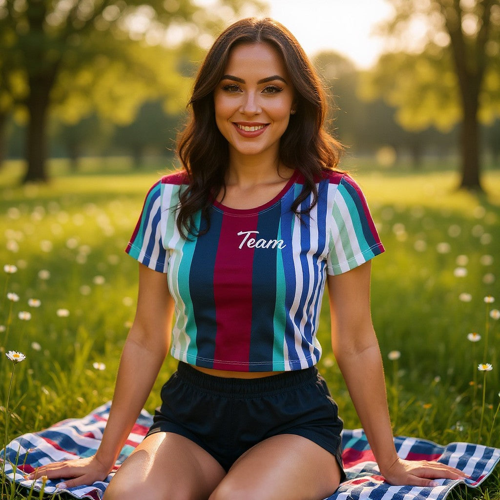 Good Wishes 365 women's athletic t-shirt with burgundy, blue, and teal stripes and Team graphic, worn in a sunny park.
