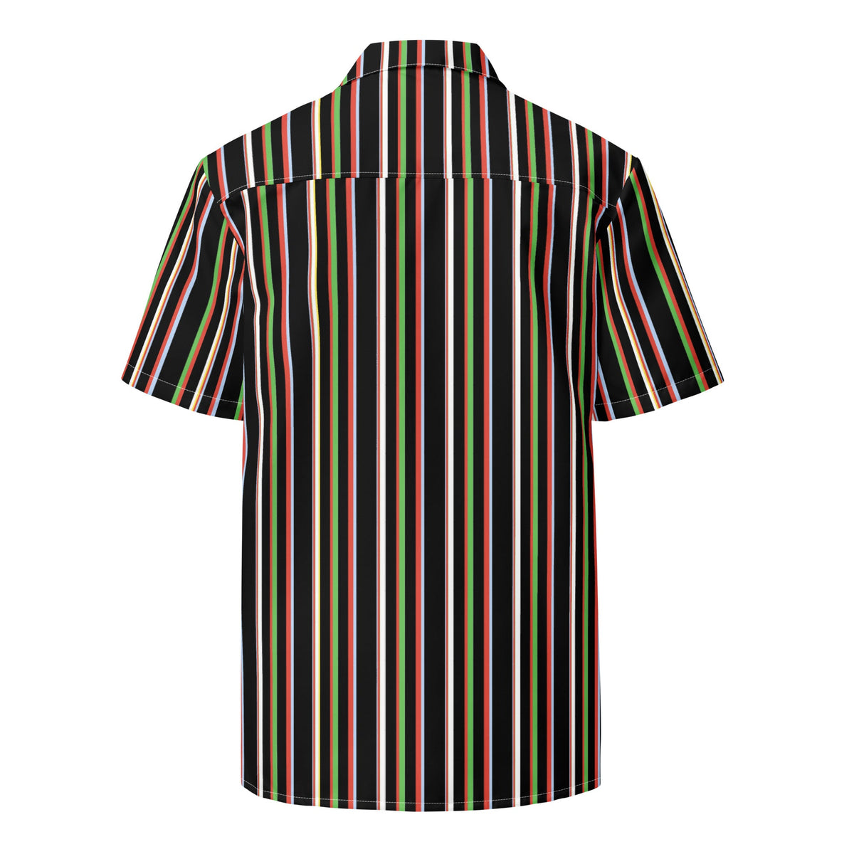 Good Wishes 365 short sleeve button-up shirt in black with vertical multicolor stripes and a camp collar, back view