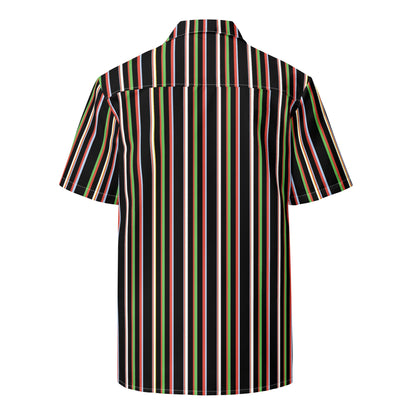 Good Wishes 365 short sleeve button-up shirt in black with vertical multicolor stripes and a camp collar, back view