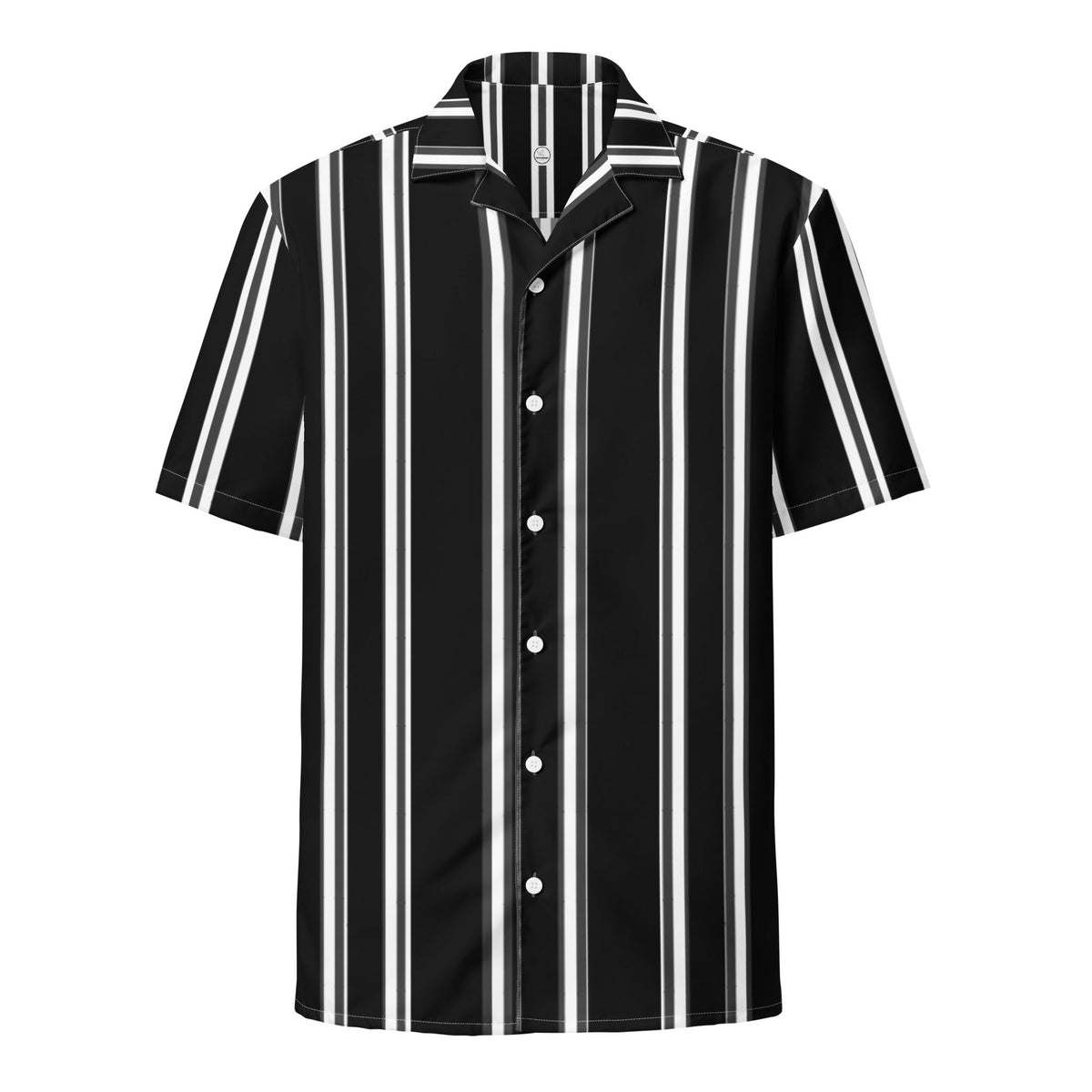 Good Wishes 365 black and white vertical striped short sleeve button-down shirt with a classic collar and UPF50+ fabric.