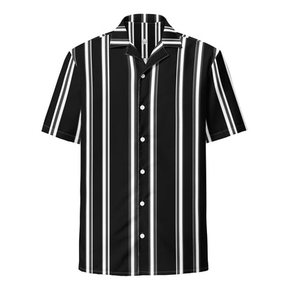 Good Wishes 365 black and white vertical striped short sleeve button-down shirt with a classic collar and UPF50+ fabric.