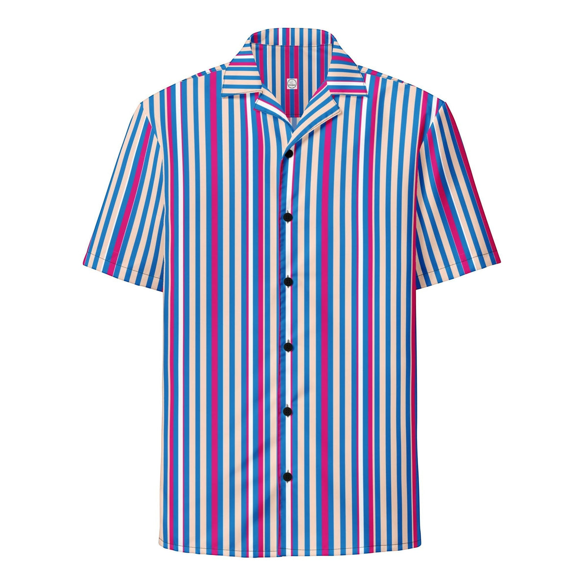 Good Wishes 365 unisex short sleeve button shirt with a vertical navy, pink, and light blue stripe pattern.