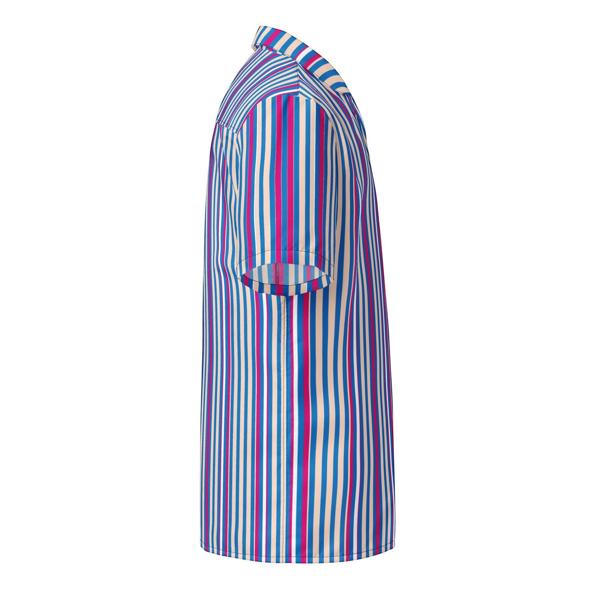 Good Wishes 365 navy blue striped short sleeve button shirt with pink and light blue vertical stripes and camp collar.