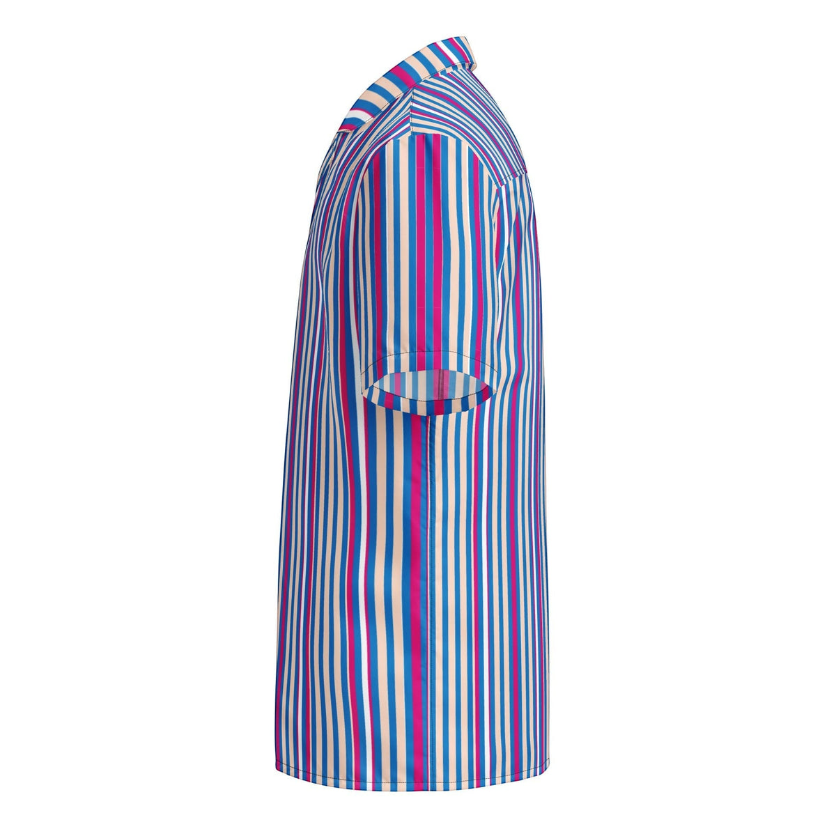 Good Wishes 365 navy blue striped unisex short sleeve button shirt with a camp collar in a relaxed boxy fit.