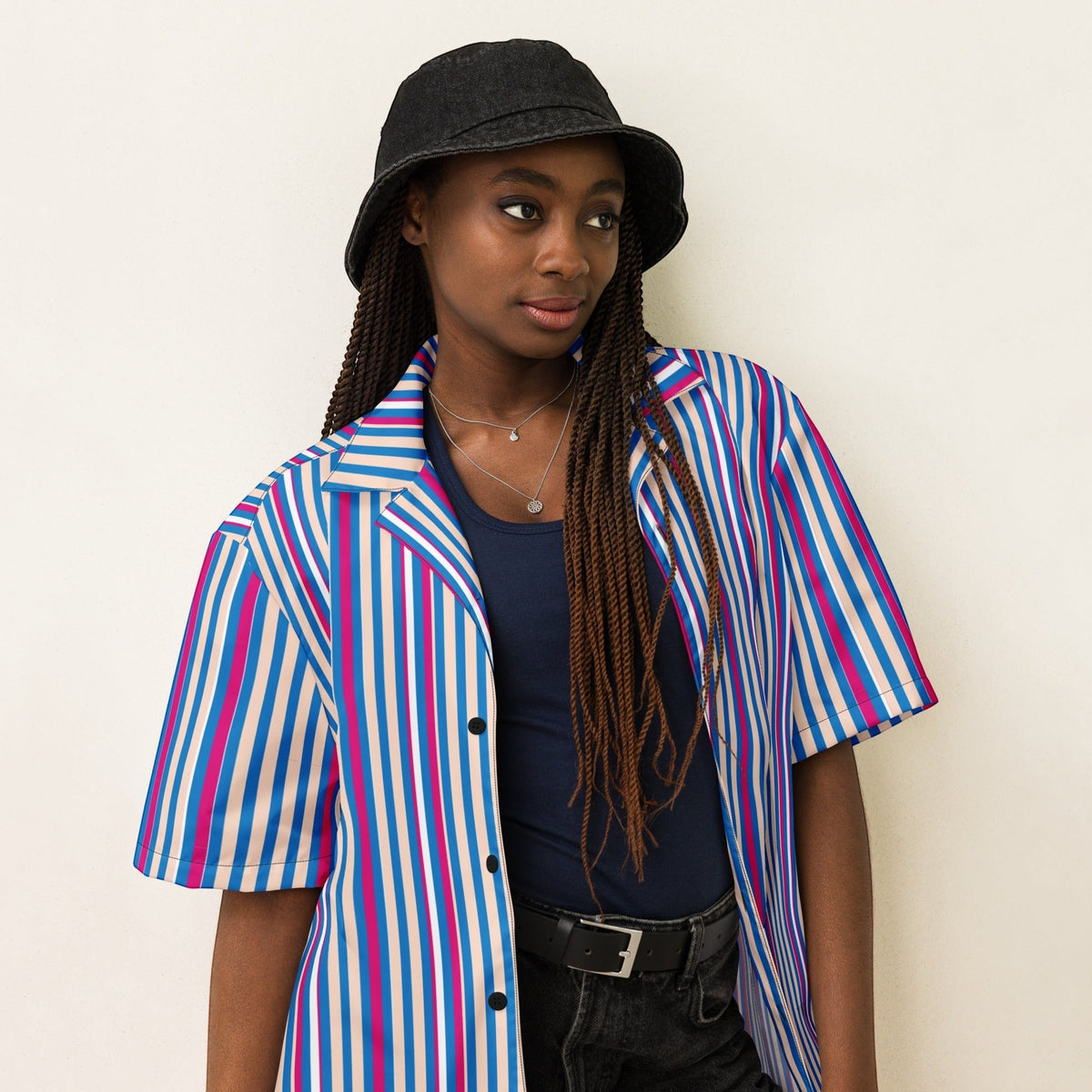 Good Wishes 365 unisex short sleeve button shirt with navy, pink, and light blue vertical stripes and a camp collar.