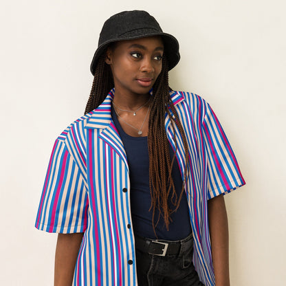 Good Wishes 365 unisex short sleeve button shirt with navy, pink, and light blue vertical stripes and a camp collar.