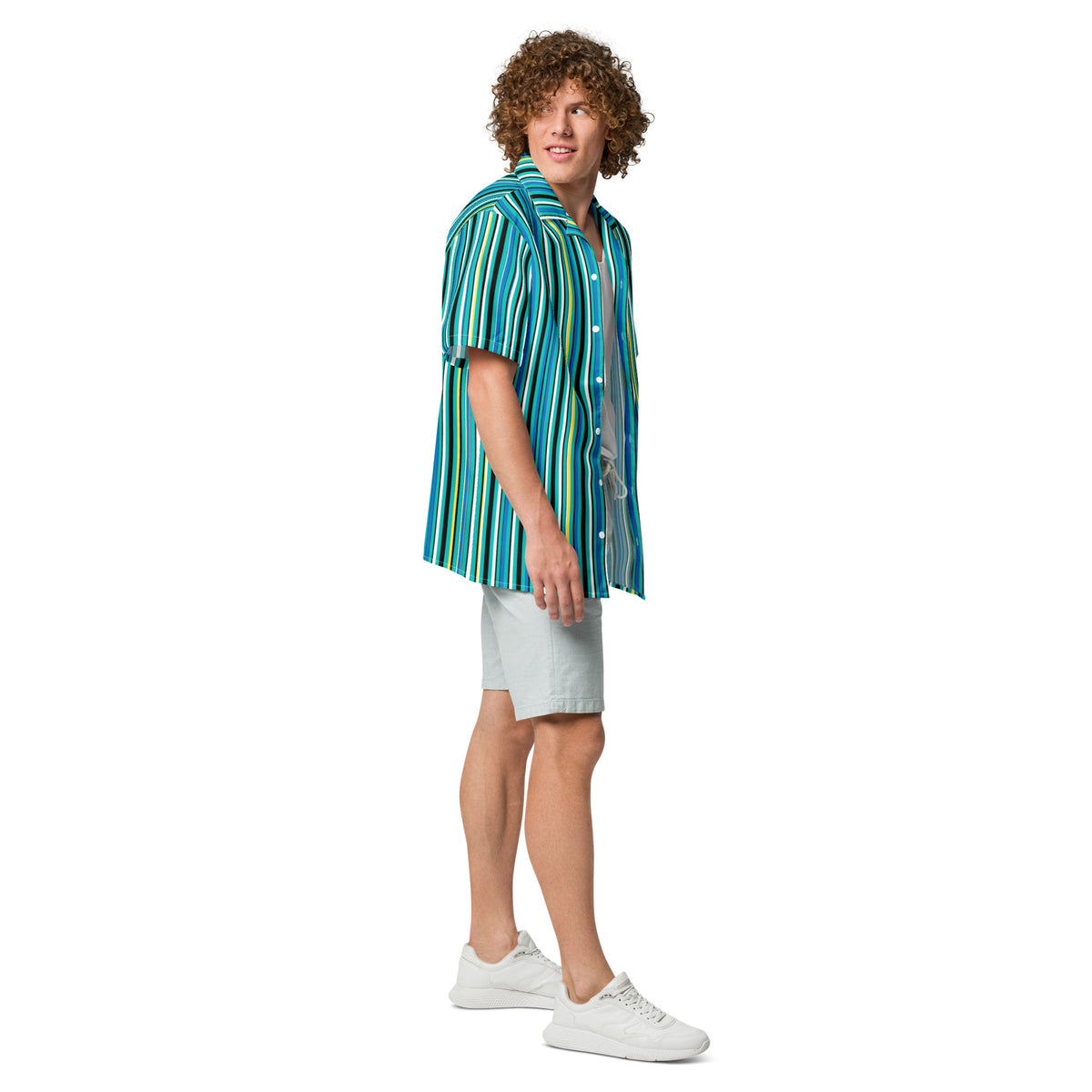 Good Wishes 365 men's oversized short-sleeve button-up shirt in teal, green, and yellow vertical stripes. Recycled polyester blend.
