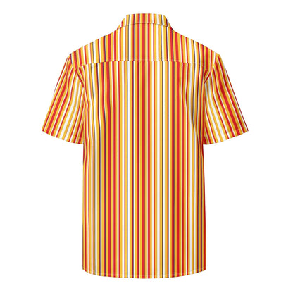 Good Wishes 365 men's short sleeve button shirt in yellow, orange, and blue vertical stripes with an oversized fit.