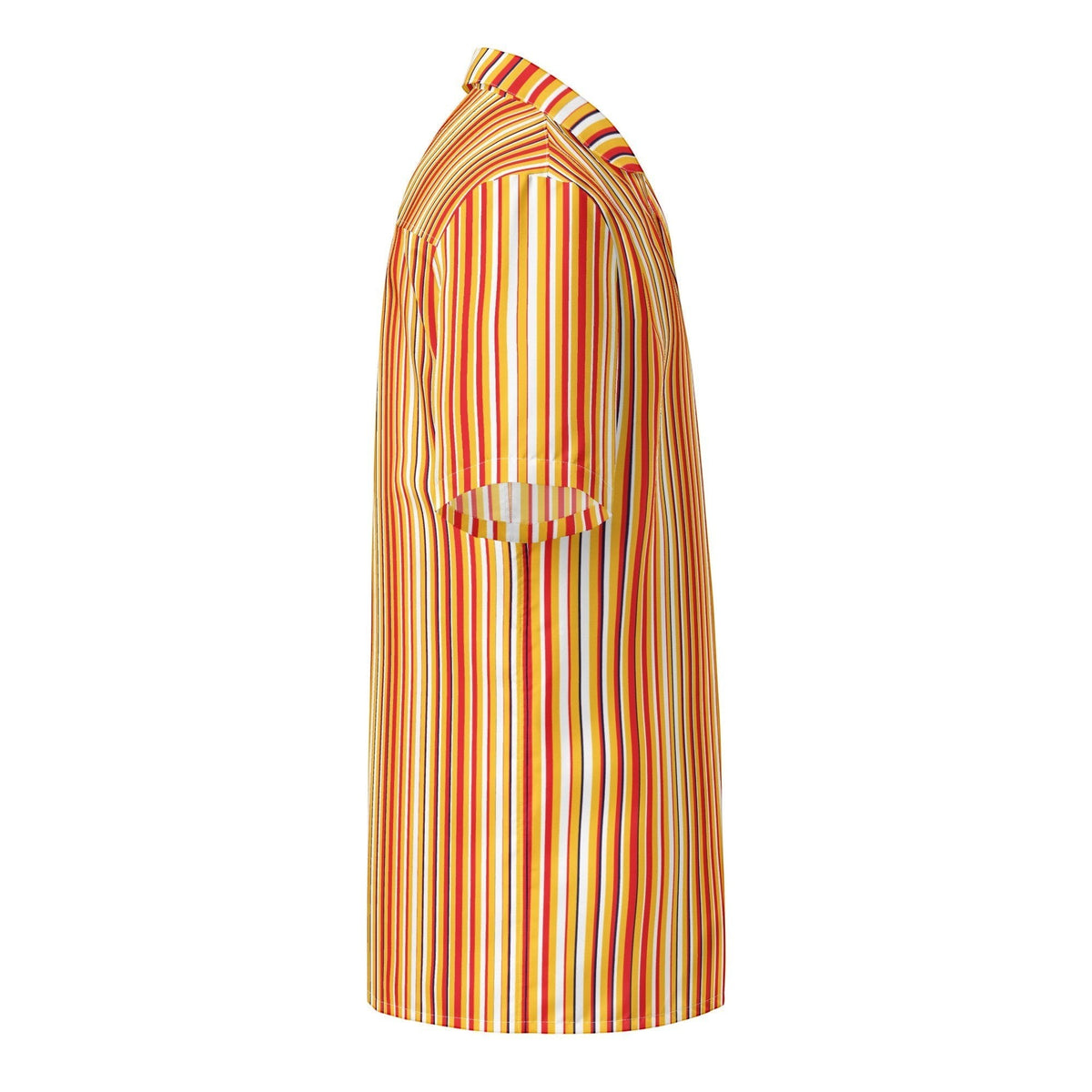 Good Wishes 365 men's short sleeve button shirt in yellow and blue vertical stripes, side view