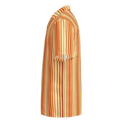 Good Wishes 365 men's short sleeve button shirt in yellow and blue vertical stripes, side view