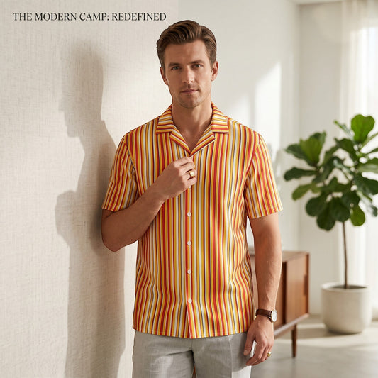 Good Wishes 365 unisex button shirt in a vibrant yellow, orange, and white vertical stripe pattern with an oversized fit