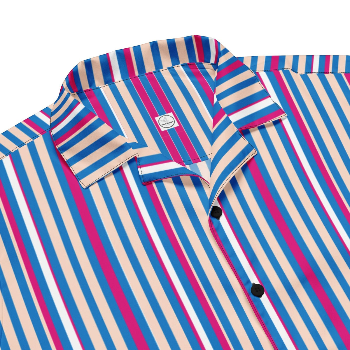 Good Wishes 365 navy blue, pink, and light blue vertical striped unisex short sleeve button-down camp collar shirt