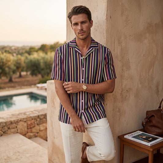 Good Wishes 365 unisex oversized button shirt with colorful vertical stripes, worn by a man in a sunny outdoor setting.
