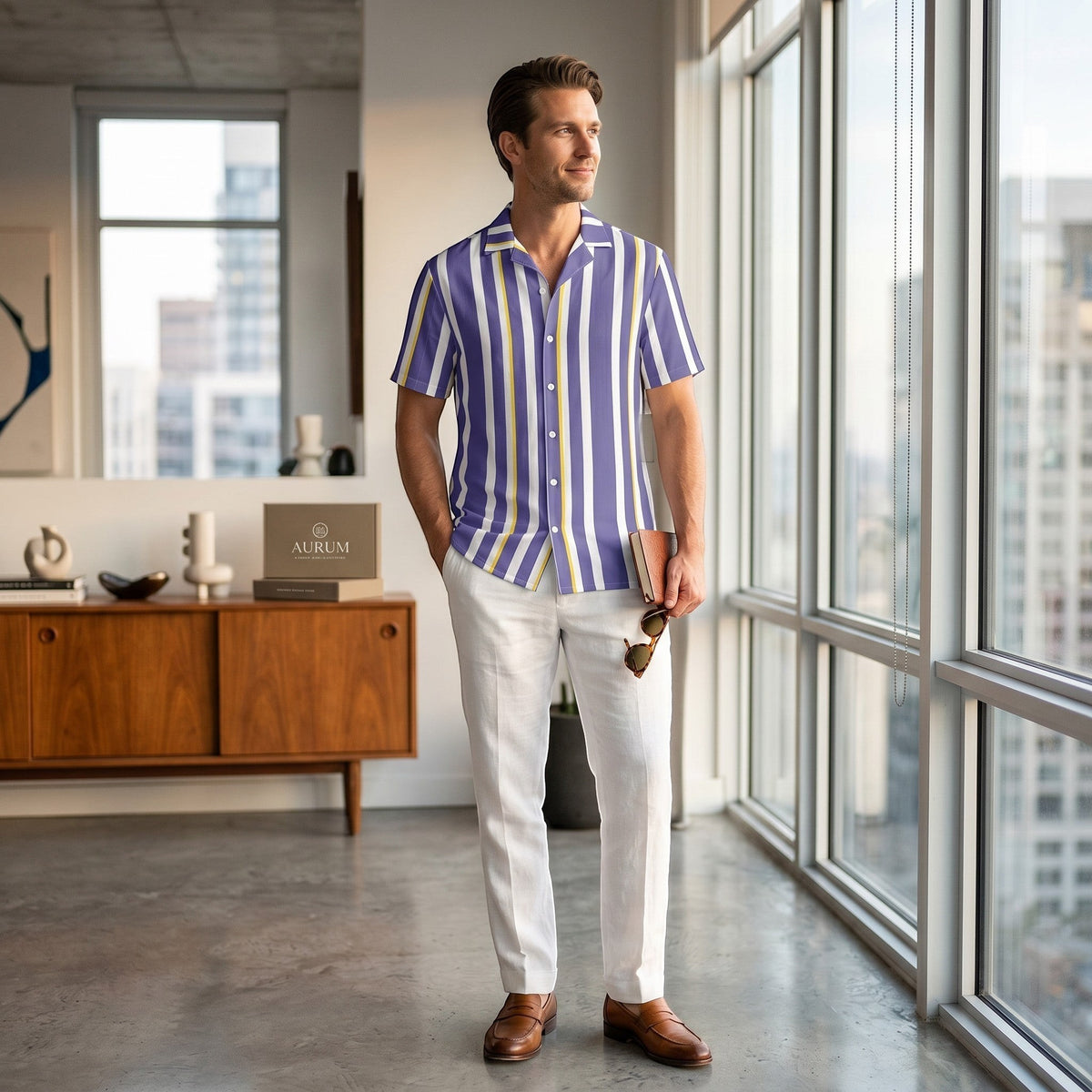 Good Wishes 365 men's periwinkle, white, and yellow vertical striped short sleeve button-down shirt with a camp collar.
