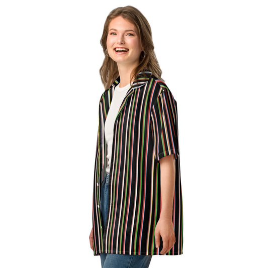 Good Wishes 365 black button-up shirt with colorful vertical stripes, short sleeves, and a relaxed camp collar fit.