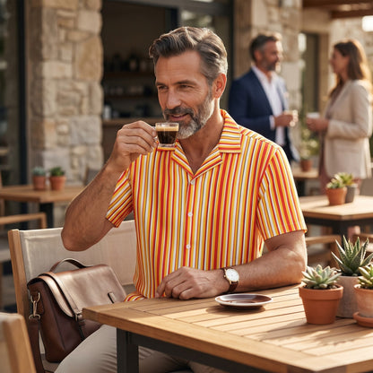 Good Wishes 365 men's short sleeve button-down shirt with yellow and red vertical stripes and a camp collar.