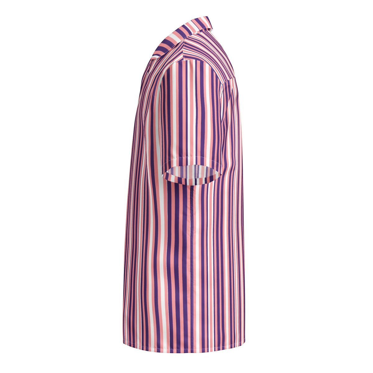 Good Wishes 365 men's short sleeve button shirt with a purple, pink, and white vertical stripe pattern and camp collar.