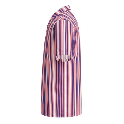 Good Wishes 365 men's short sleeve button shirt with a purple, pink, and white vertical stripe pattern and camp collar.