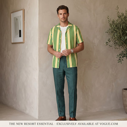 Good Wishes 365 men's yellow and blue striped short sleeve button-down shirt with a relaxed camp collar.