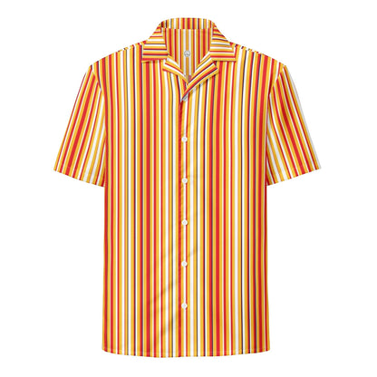 Good Wishes 365 men's oversized short sleeve button shirt in yellow and blue vertical stripes with a camp collar.