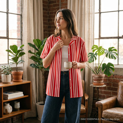 Good Wishes 365 unisex oversized button shirt in red and white stripes, made from breathable moisture-wicking fabric.