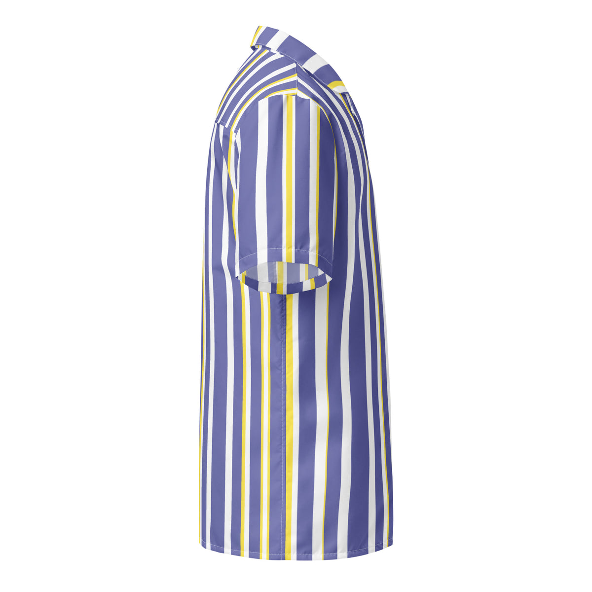Good Wishes 365 periwinkle, white, and yellow vertical striped short sleeve button-down shirt, side view.
