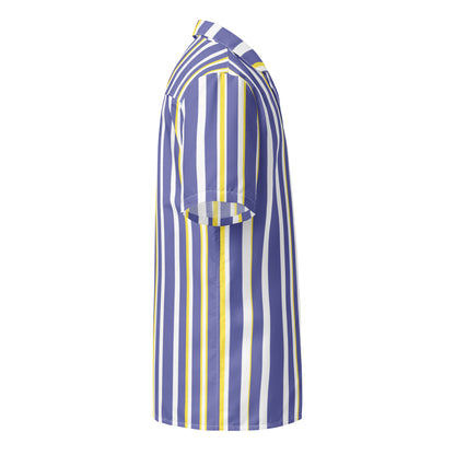 Good Wishes 365 periwinkle, white, and yellow vertical striped short sleeve button-down shirt, side view.