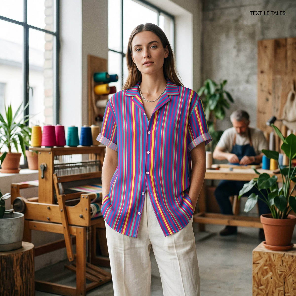 Good Wishes 365 unisex button shirt with vertical multi-colored stripes in a breathable, oversized summer style.