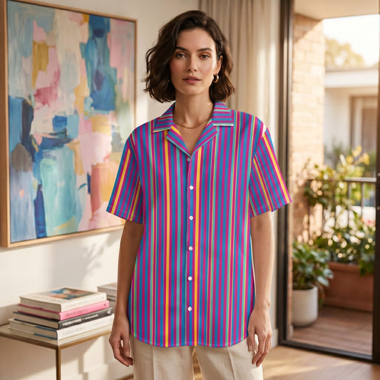 Good Wishes 365 unisex oversized button shirt with vibrant multi-colored vertical stripes in a breathable fabric.