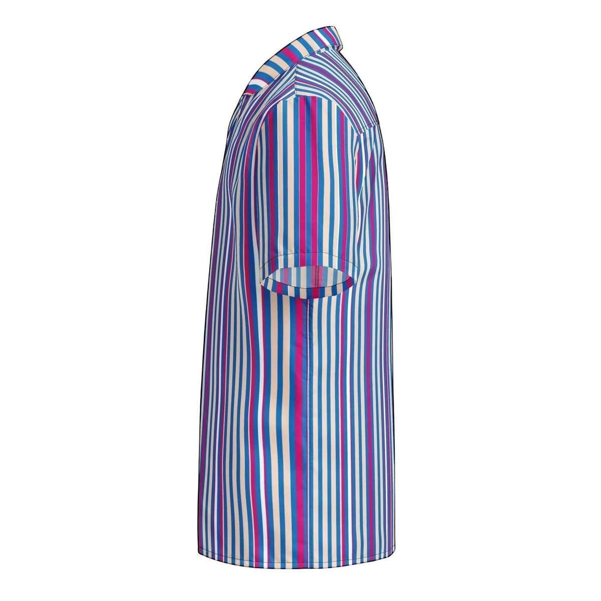 Good Wishes 365 navy blue short sleeve button shirt with vertical magenta and white stripes in a relaxed fit